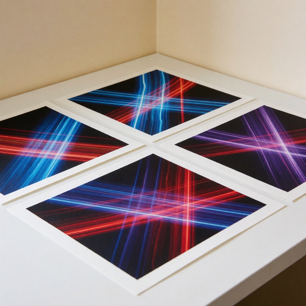 Four kinetic photography prints with blue red and purple light streaks on textured paper displayed on a white table against beige walls