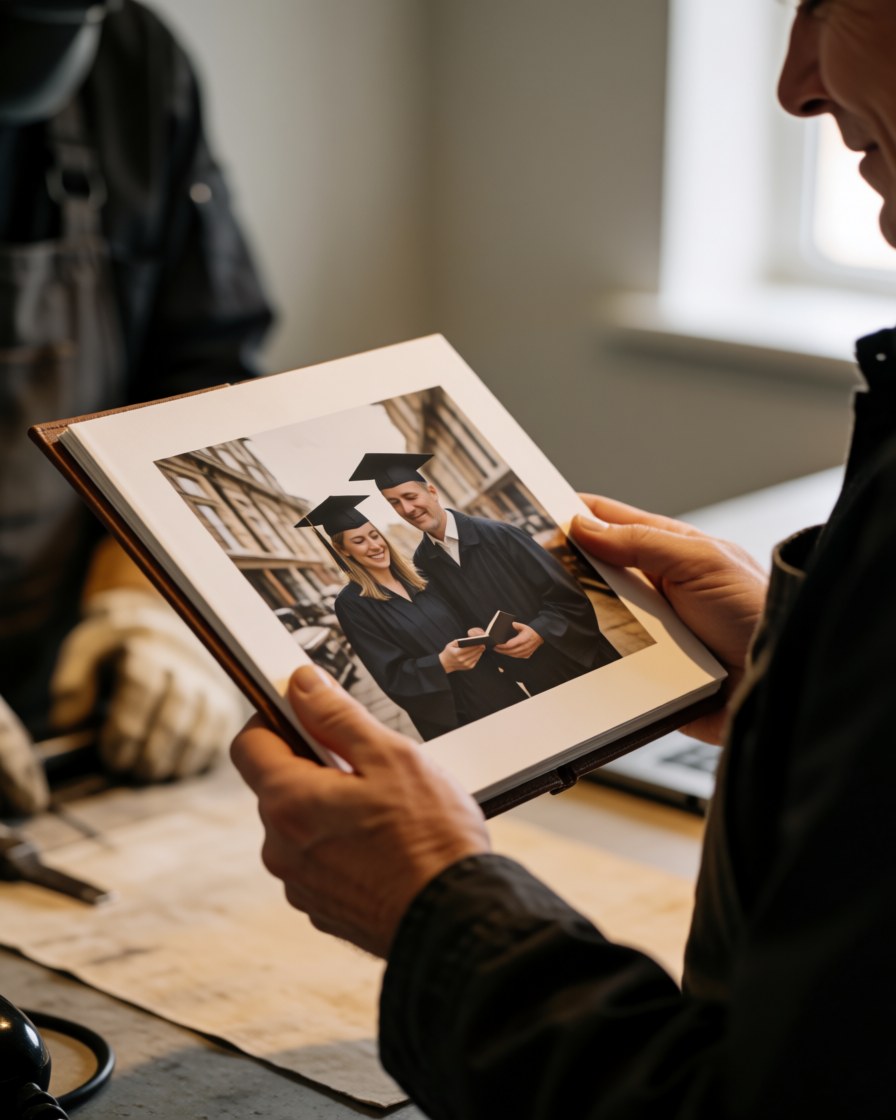 A graduate reviews a graduation photo album in a studio with natural light.