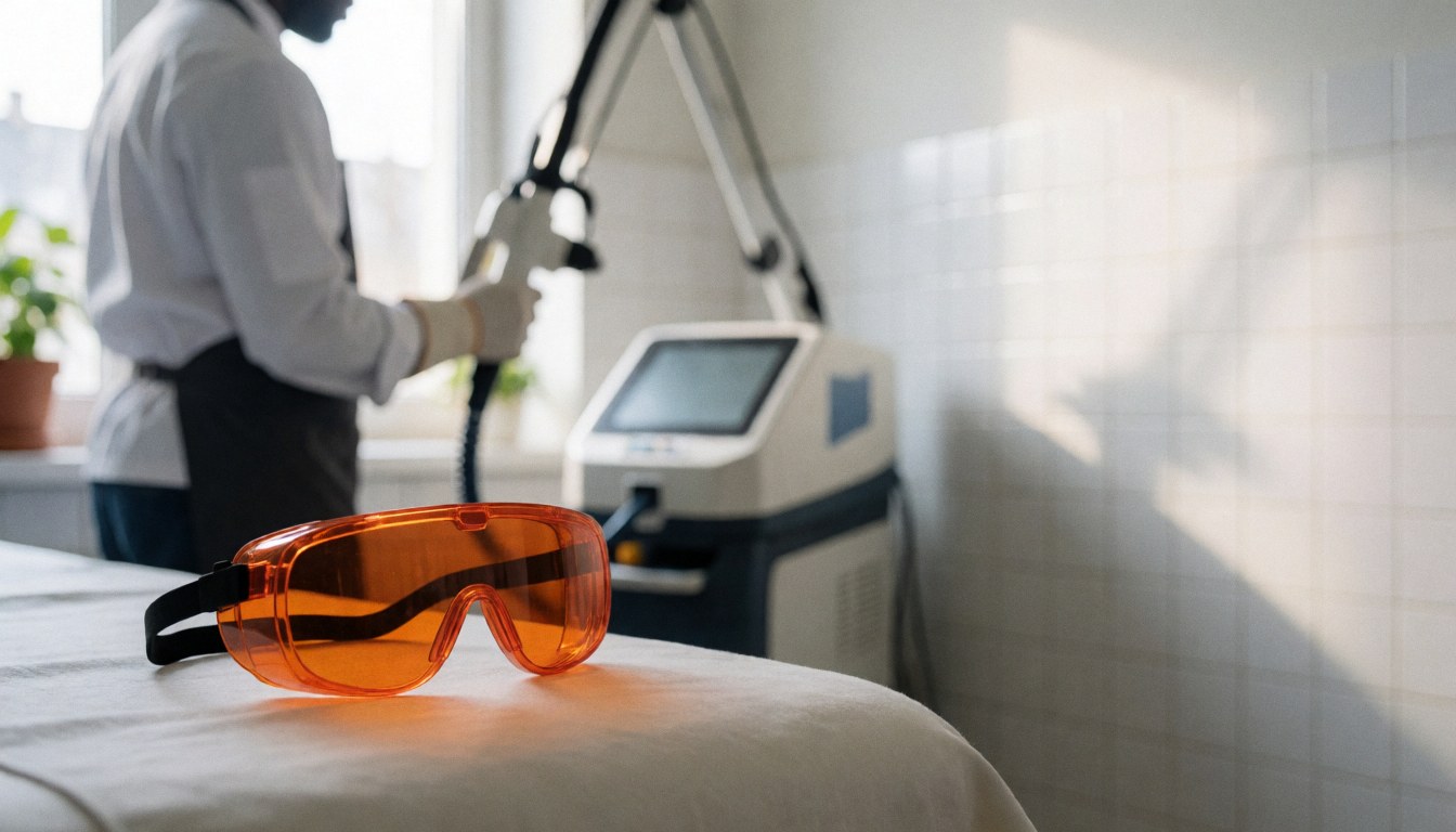 Orange protective eyewear resting on a white treatment bed with a laser machine and professional in the background