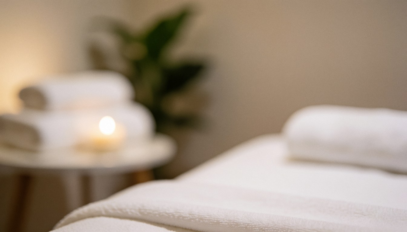 Massage bed with white towels, lit candles, and a green plant in a warm spa setting