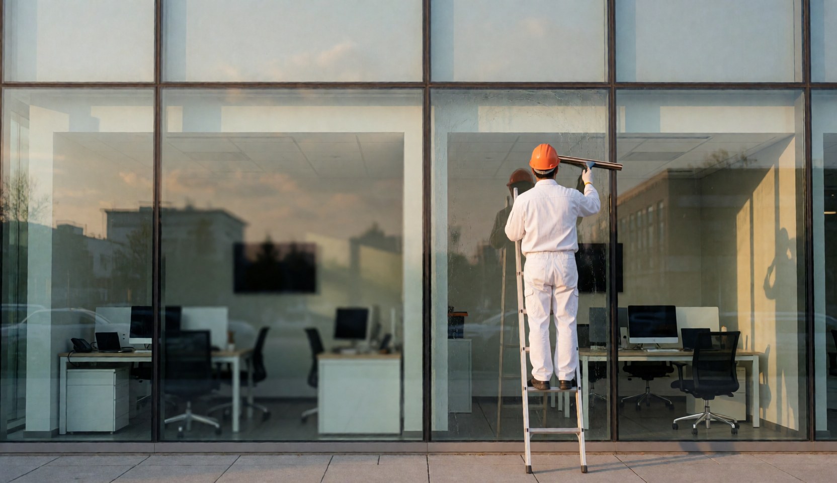 Worker on ladder using squeegee to clean office window, wearing white uniform and orange helmet with sunset reflection on glass