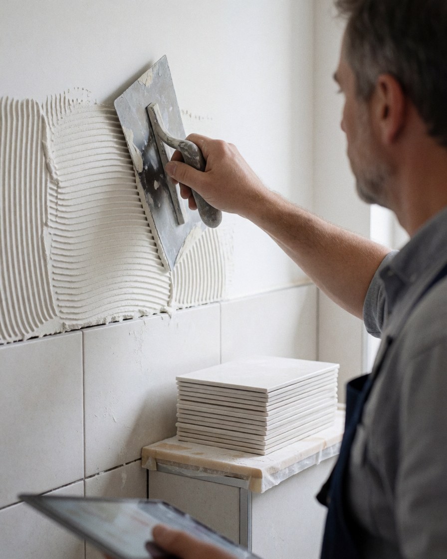 A bathroom installer applies adhesive to a white wall using tile nippers, with a stack of white tiles nearby in natural light.