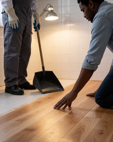 Close-up of a hand touching freshly installed wood flooring in a room with white tiled walls and warm lighting.