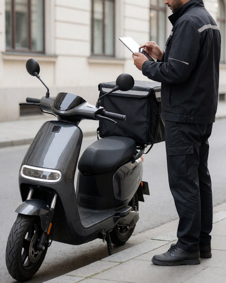 Delivery worker in uniform checking route on tablet beside electric scooter with cargo box on urban sidewalk