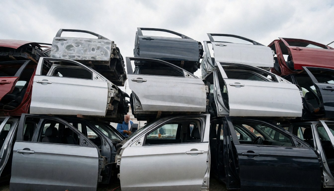 Stacked car doors at a vehicle recycling yard with a worker in the background under a cloudy sky