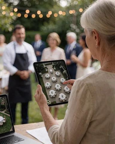 Woman checking aerial view of reception tables in a garden with lights on a tablet during a wedding.