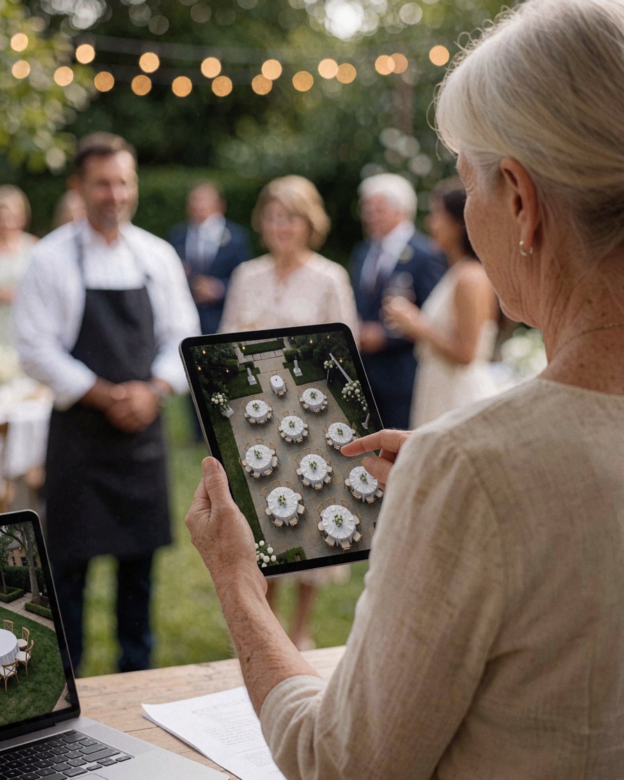 Woman checking aerial view of reception tables in a garden with lights on a tablet during a wedding.