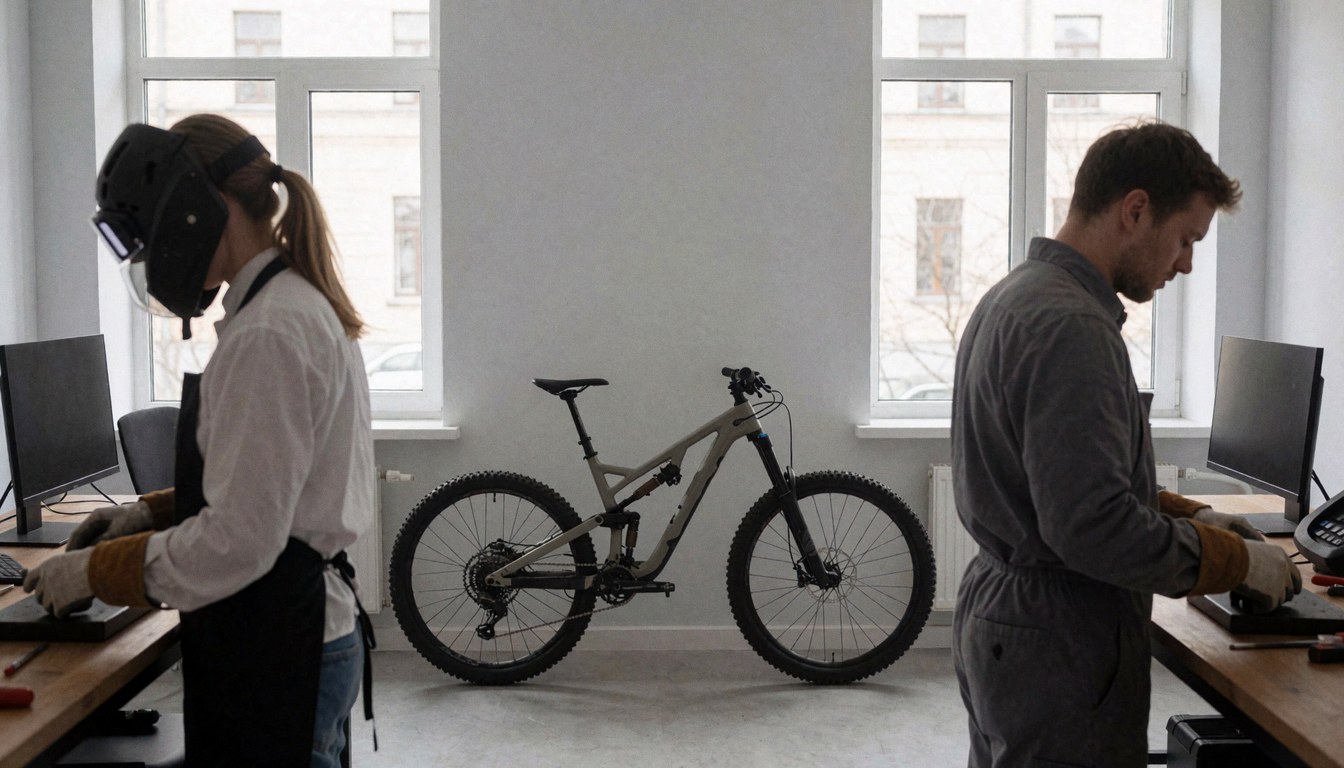 Two technicians working on a mountain bike at a workshop table with tools and equipment visible in the background