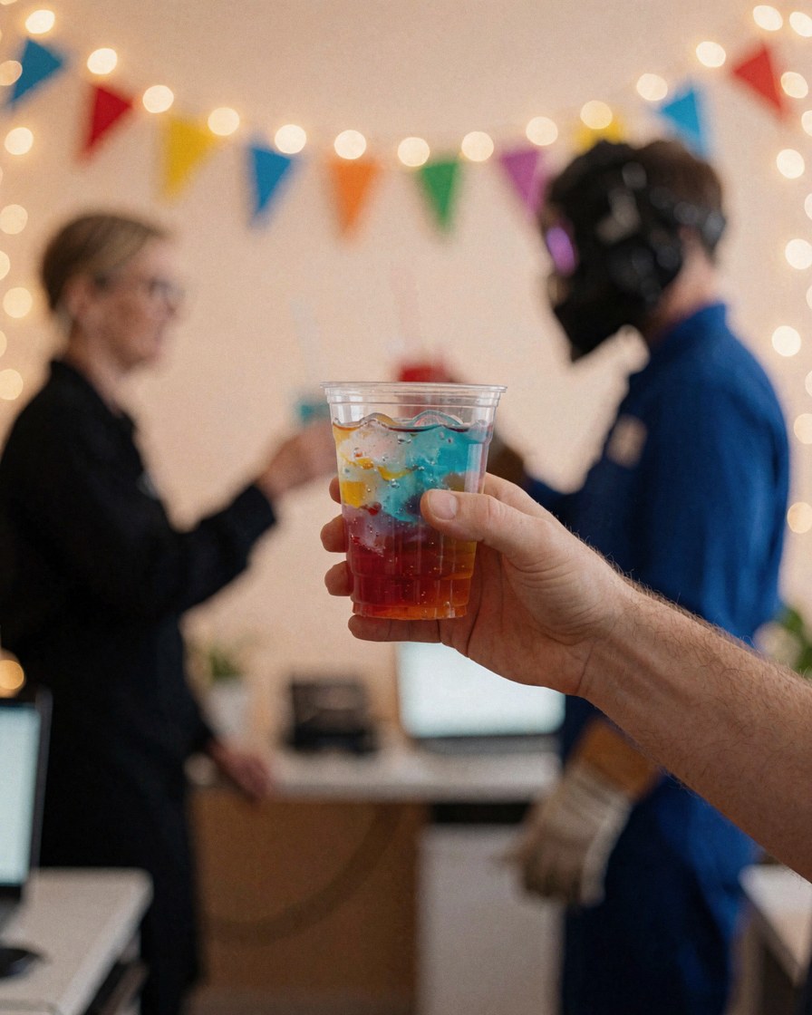 Close-up of a hand holding a glass with a colorful beverage at a party with lights and bunting