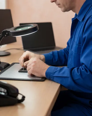 Close-up of technician placing a small screw with tweezers on a magnetic mat under magnification during mobile phone repair