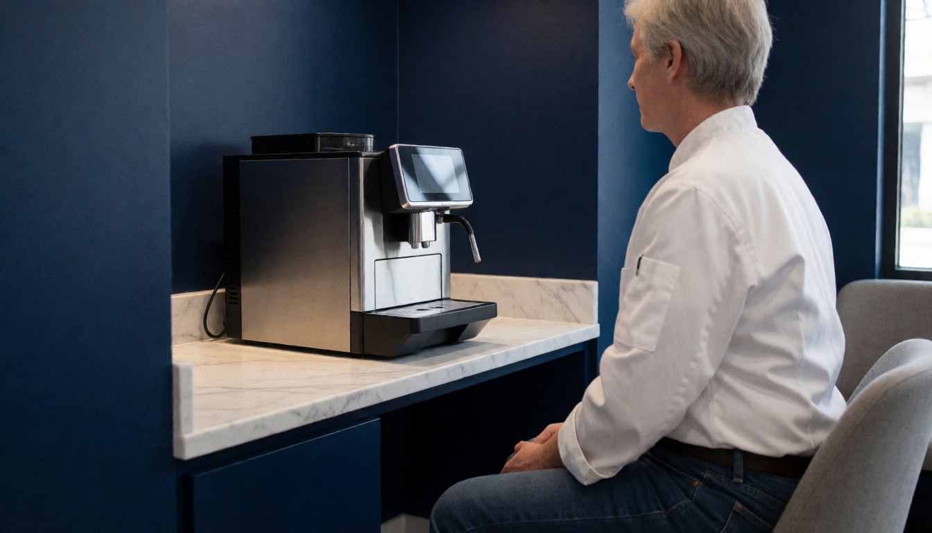 A man sits on a chair next to a coffee machine on a marble table in a room with dark blue walls.