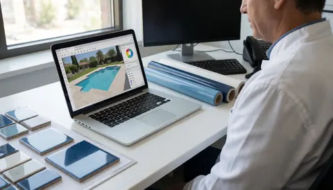 Pool designer reviewing tile samples and liner rolls on a desk while working on a laptop in a bright office