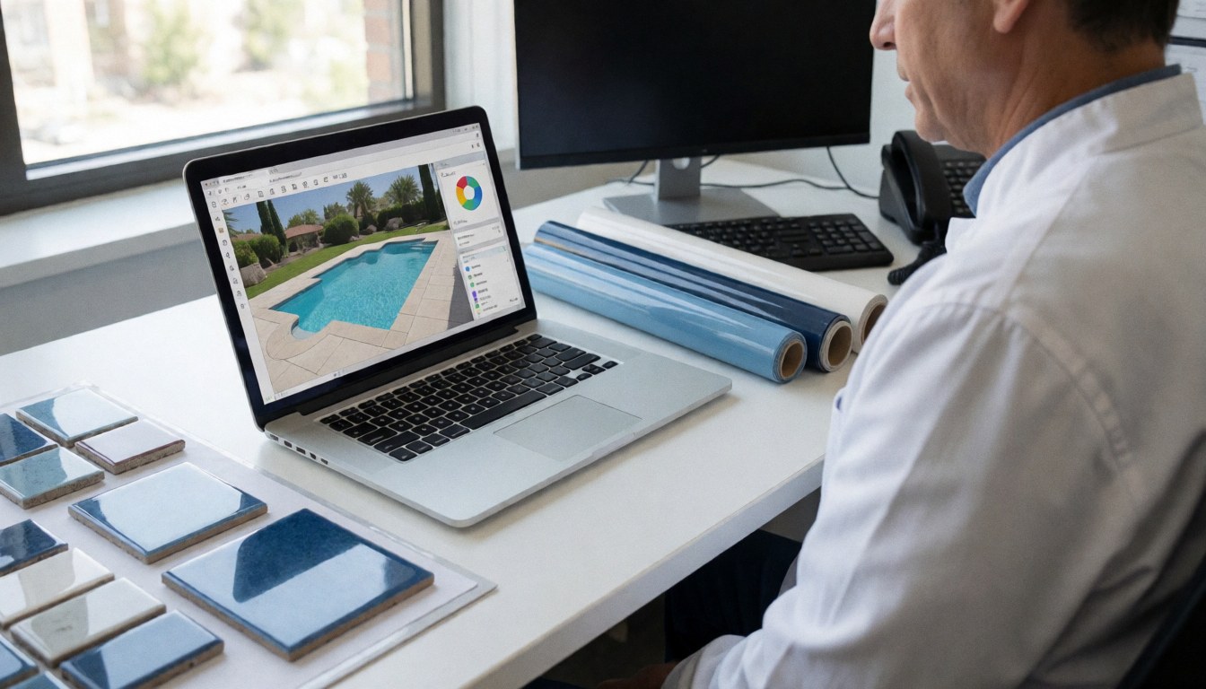 Pool designer reviewing tile samples and liner rolls on a desk while working on a laptop in a bright office