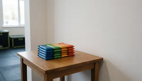Colorful protein bars arranged on a wooden table in a gym with white walls and natural light, suitable for fitness product covers