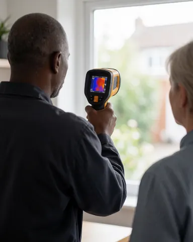 Technician with infrared camera evaluating thermal insulation on a home exterior wall while a client observes the service in action.