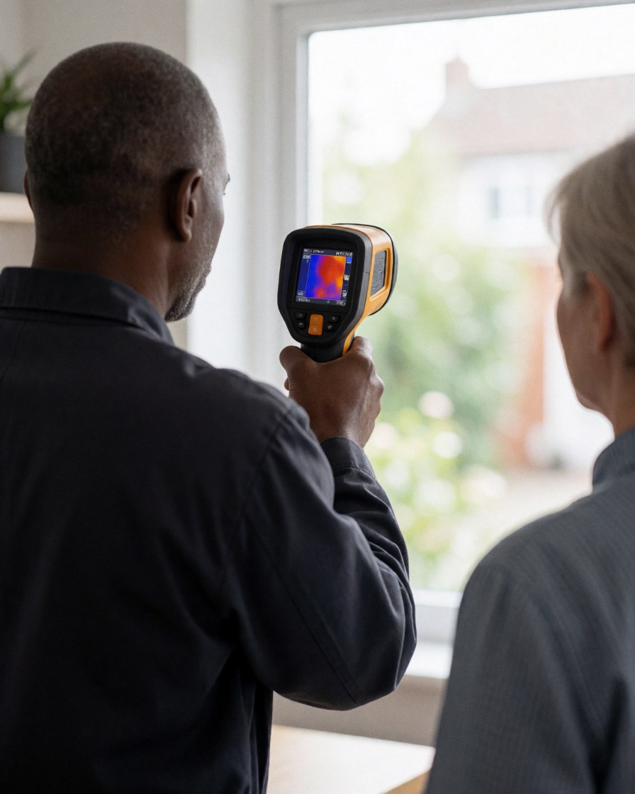 Technician with infrared camera evaluating thermal insulation on a home exterior wall while a client observes the service in action.