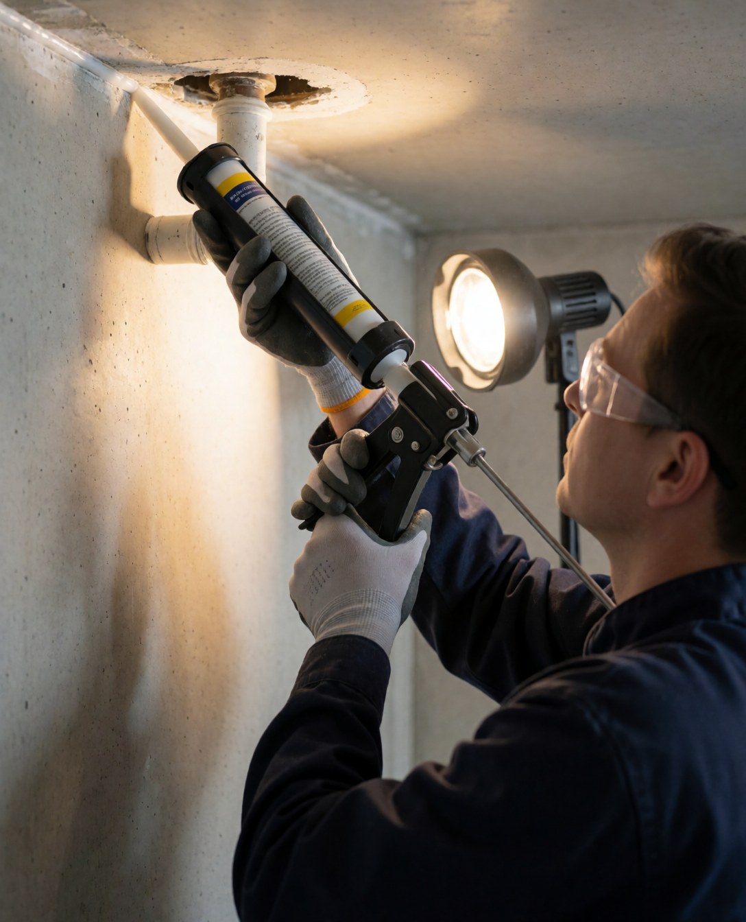 A worker wearing safety glasses applies clear sealant around a pipe on a bathroom ceiling with concrete walls.