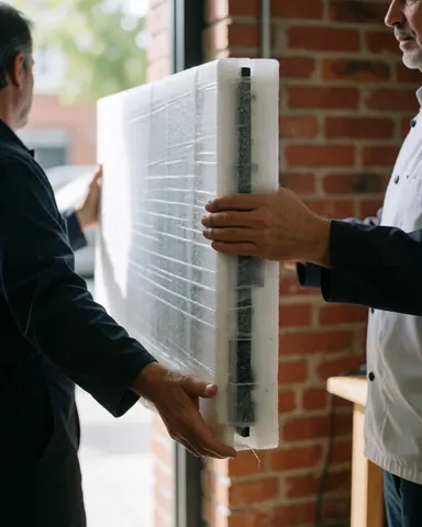 A technician and a happy customer carrying a television wrapped in protective foam near a brick wall at a repair shop