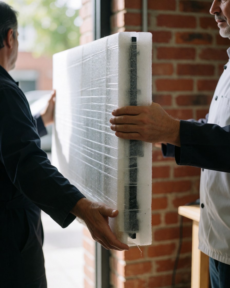 A technician and a happy customer carrying a television wrapped in protective foam near a brick wall at a repair shop