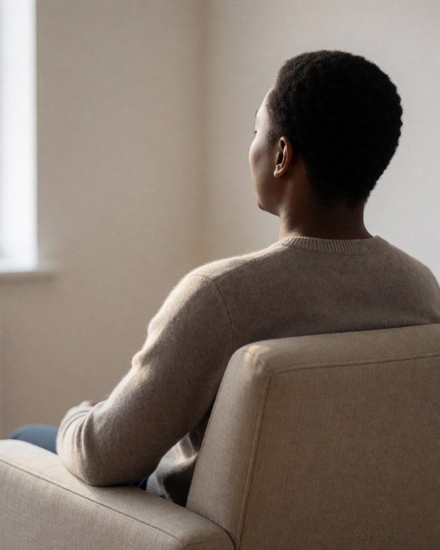 A relaxed individual seated in a fabric chair near a window with soft natural light and neutral walls, creating a calm atmosphere suitable for a therapy consultation.