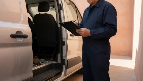 Technician in uniform checking a notebook next to a service van with visible tools, suitable for appliance repair websites
