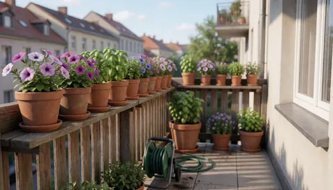 Apartment terrace featuring rows of ceramic pots with petunias and aromatic herbs illuminated by morning light, suitable for gardening business use