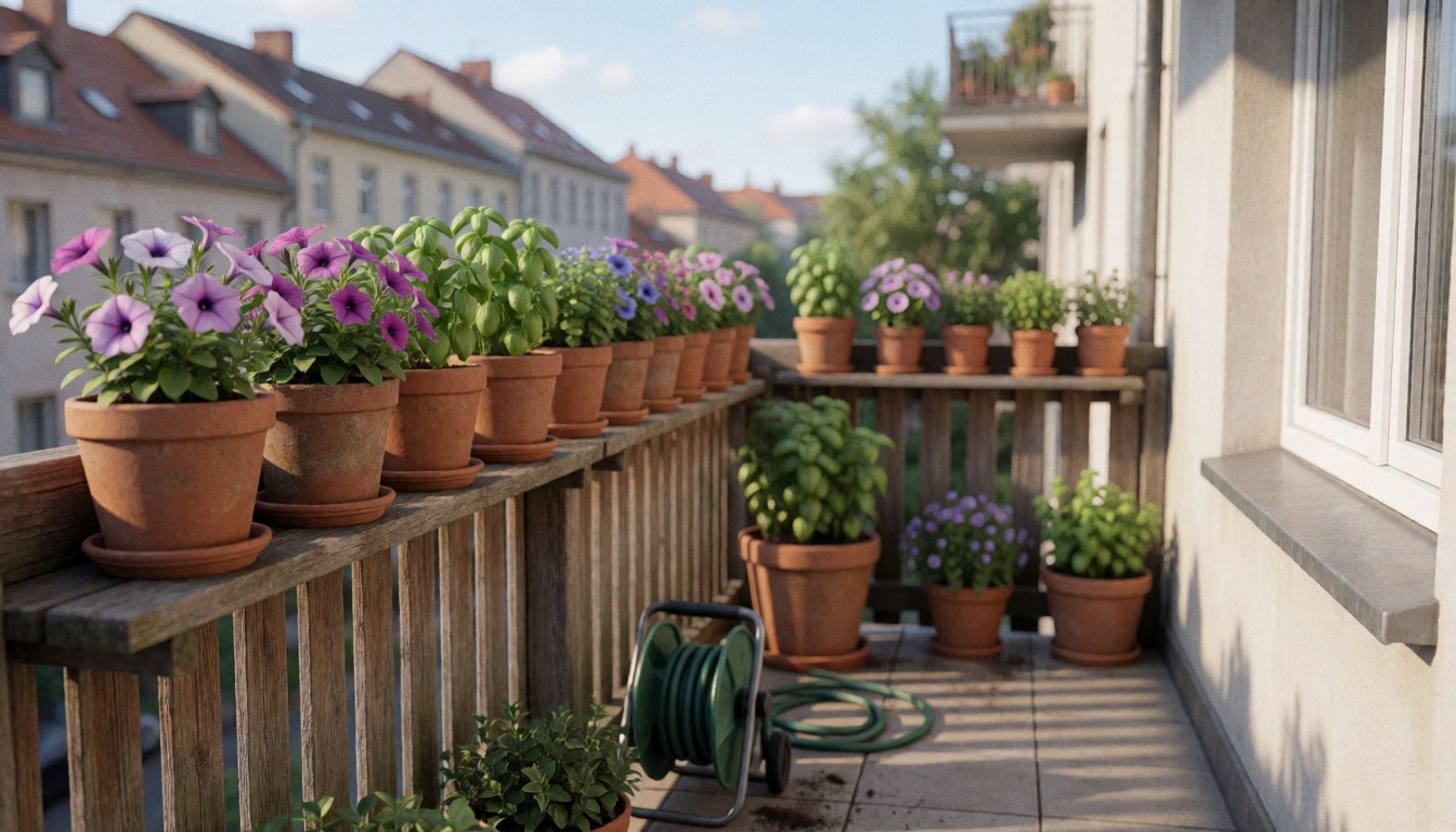 Apartment terrace featuring rows of ceramic pots with petunias and aromatic herbs illuminated by morning light, suitable for gardening business use