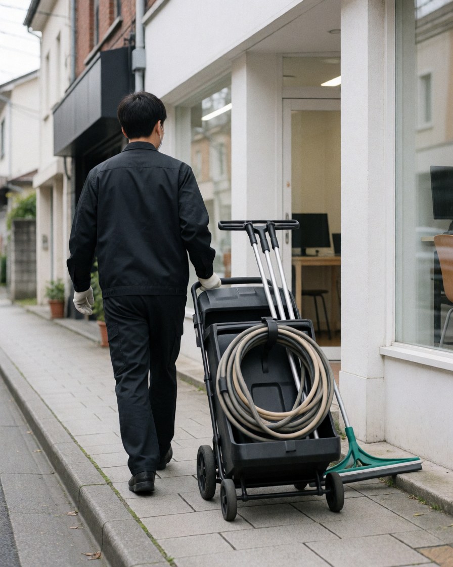 Window cleaner walking on sidewalk with cleaning cart, customer visible in storefront window