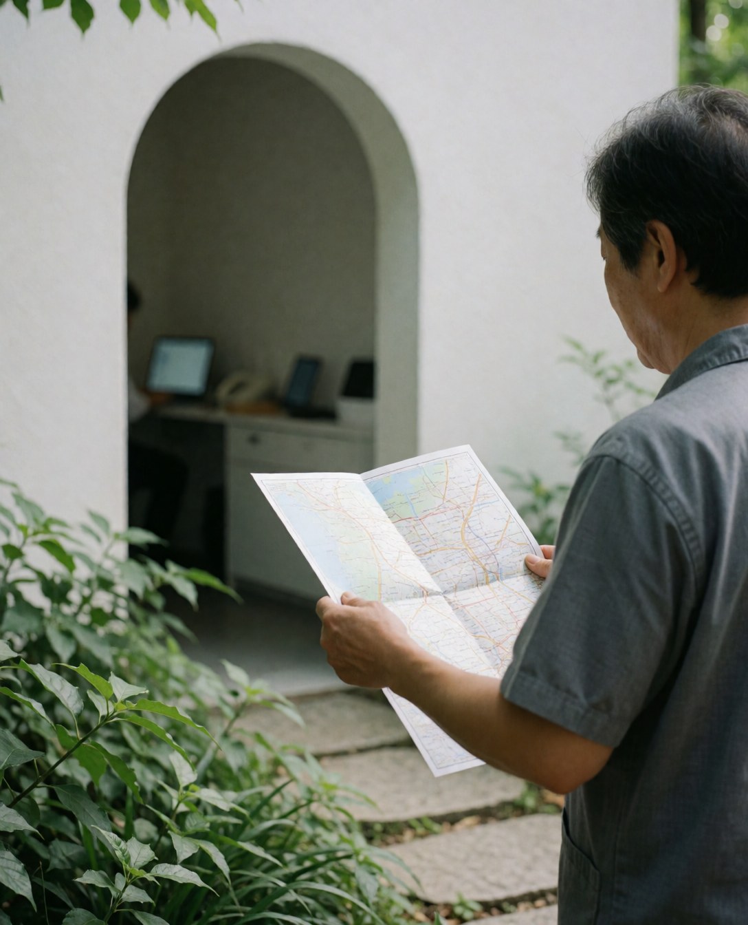 A visitor holding a map at the zoo entrance with an archway, stone path, and green foliage