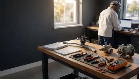 A wooden table in a repair shop displaying disassembled dishwasher parts, hand tools, a multimeter, and a service manual under natural light.