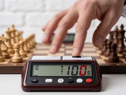 Close-up of a hand pressing the button on a digital chess clock showing ten seconds remaining on a chessboard with pieces