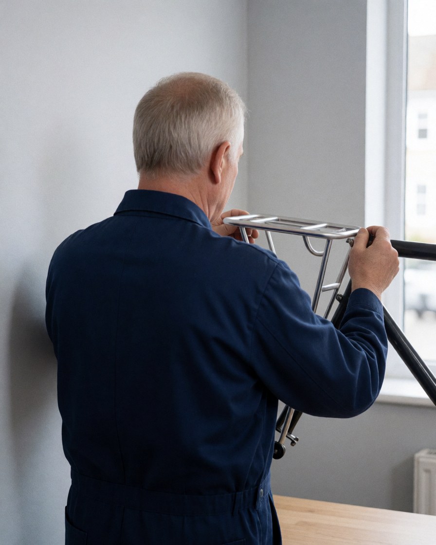 A mechanic measures a metal bike rack against a bicycle frame in a workshop with warm gray walls.