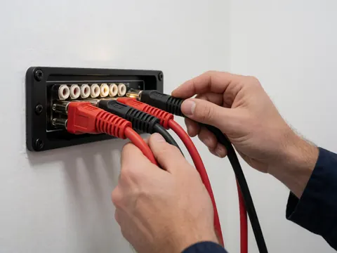 Close-up of hands connecting red and black cables to a wall-mounted amplifier with focused lighting, showing precise audio installation details.
