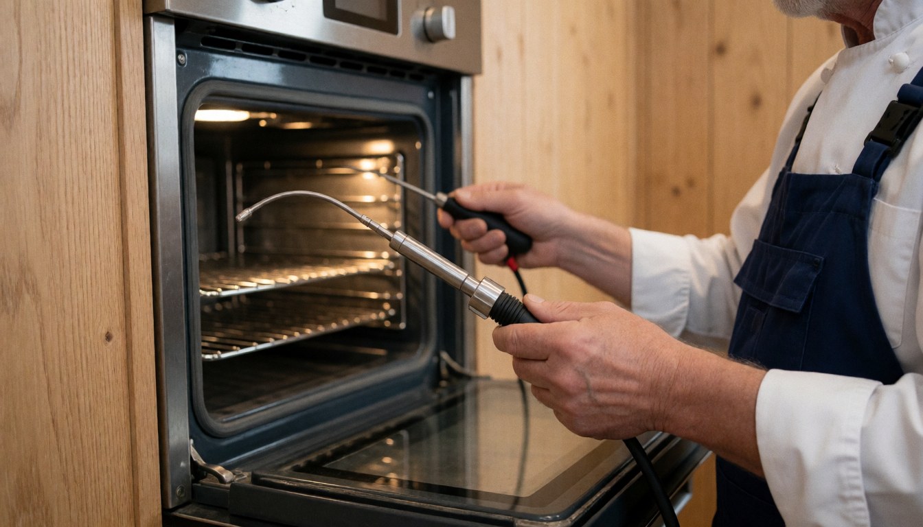 Technician installing a thermocouple inside an open oven during a repair service