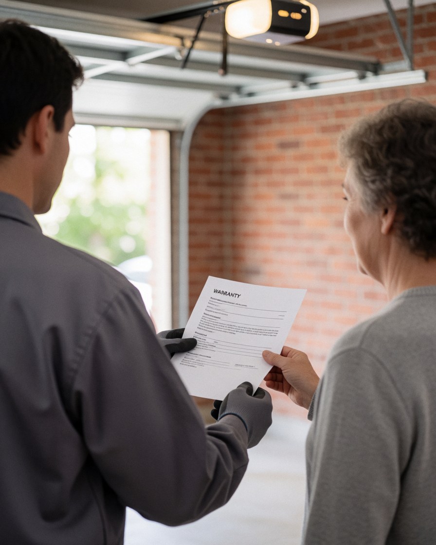 Garage door technician hands a warranty document to a client inside a residential garage with brick walls and natural light.