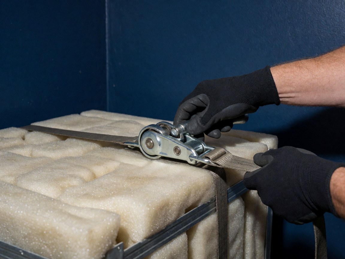 Close-up of gloved hands tightening a ratchet strap over a white foam-lined box against a dark blue background