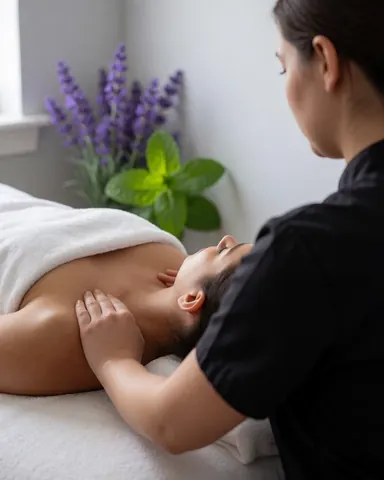 Professional therapist applying lavender and menta oil during a relaxing Swedish massage session in a calm clinic setting