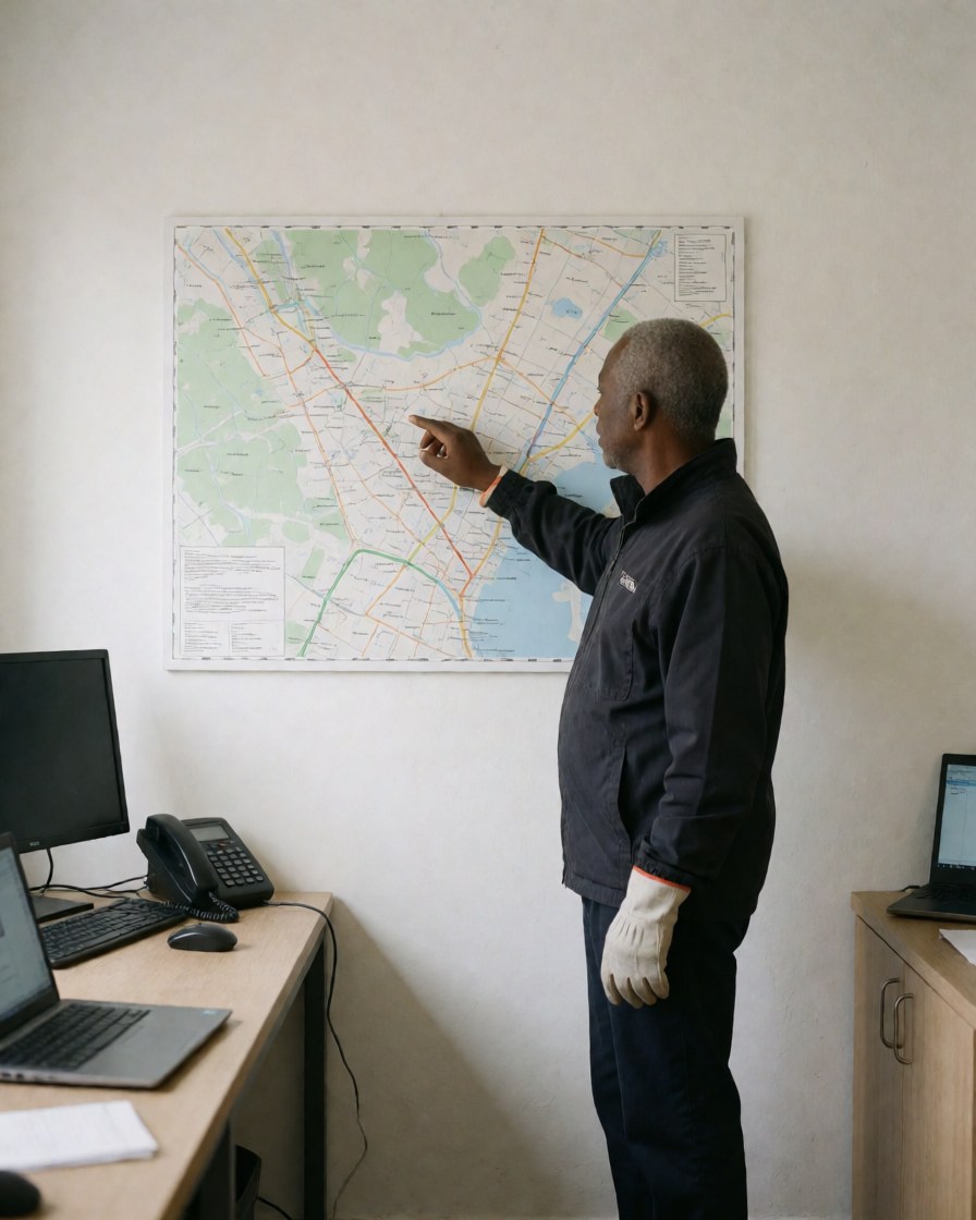 Cycling coach pointing at a large wall-mounted route map with computers and phone on the desk