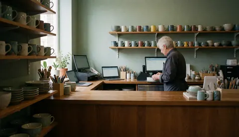 Cashier standing in a pottery workshop surrounded by mugs on shelves against a green wall with natural light