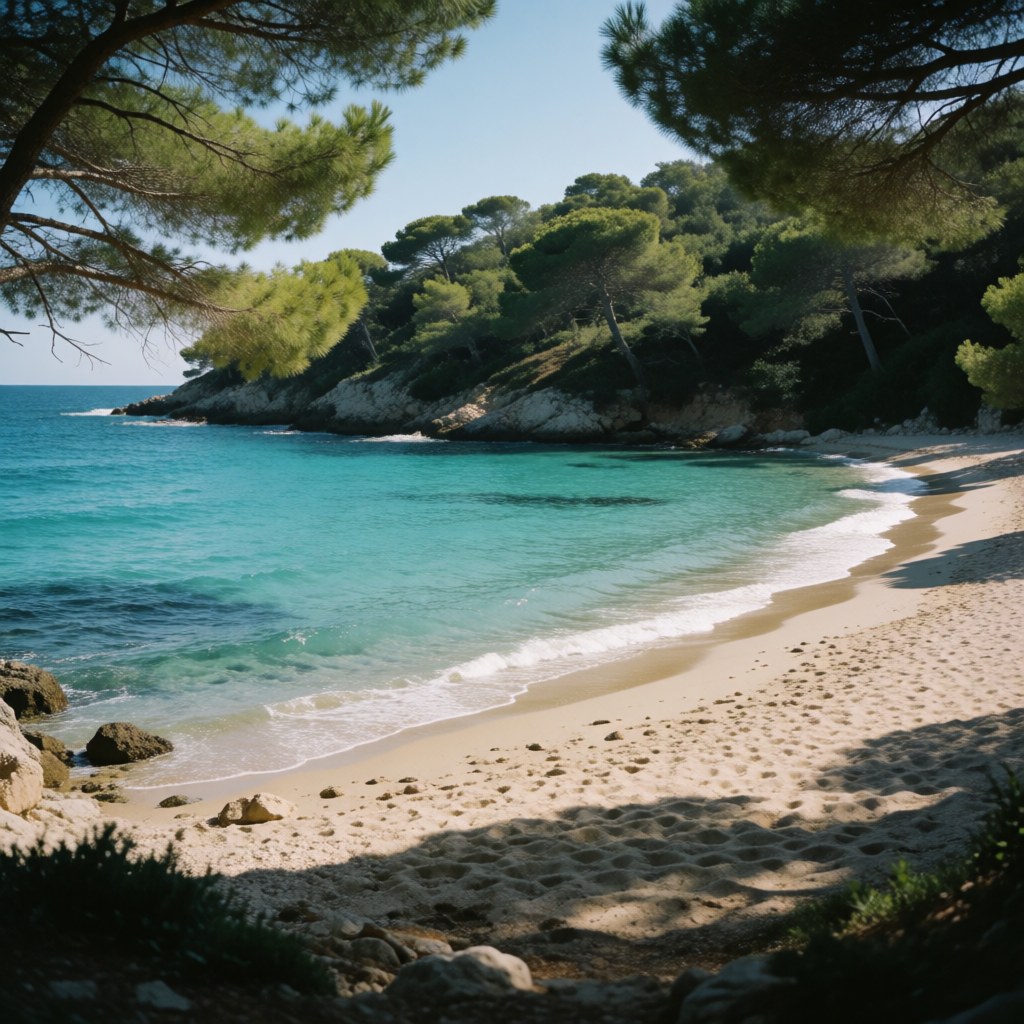Sandy beach with turquoise water and green pines, a tranquil coastal landscape ideal for panoramic photography.
