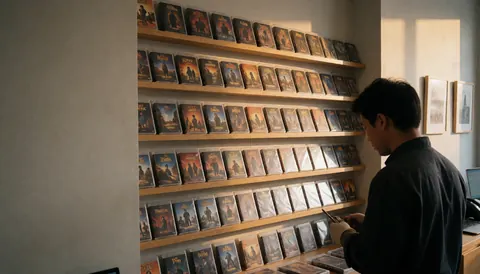 Back view of a person looking at games on a wooden shelf in a store with gray walls and warm afternoon light