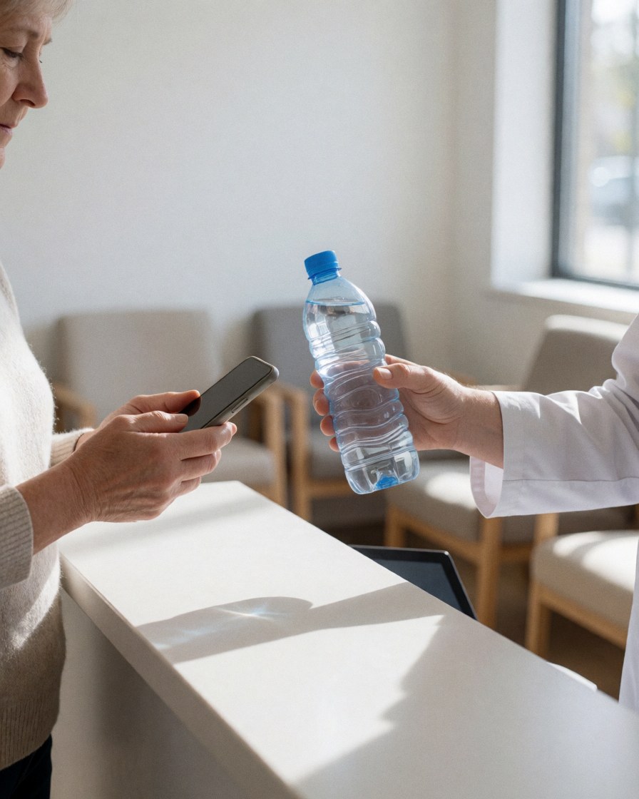 A therapist hands a water bottle to a satisfied client in a sports massage reception area with white walls and waiting chairs.