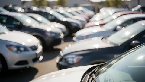 Out-of-focus background of a new car lot with sunlight bokeh, ideal for vehicle sales advertising text overlays.