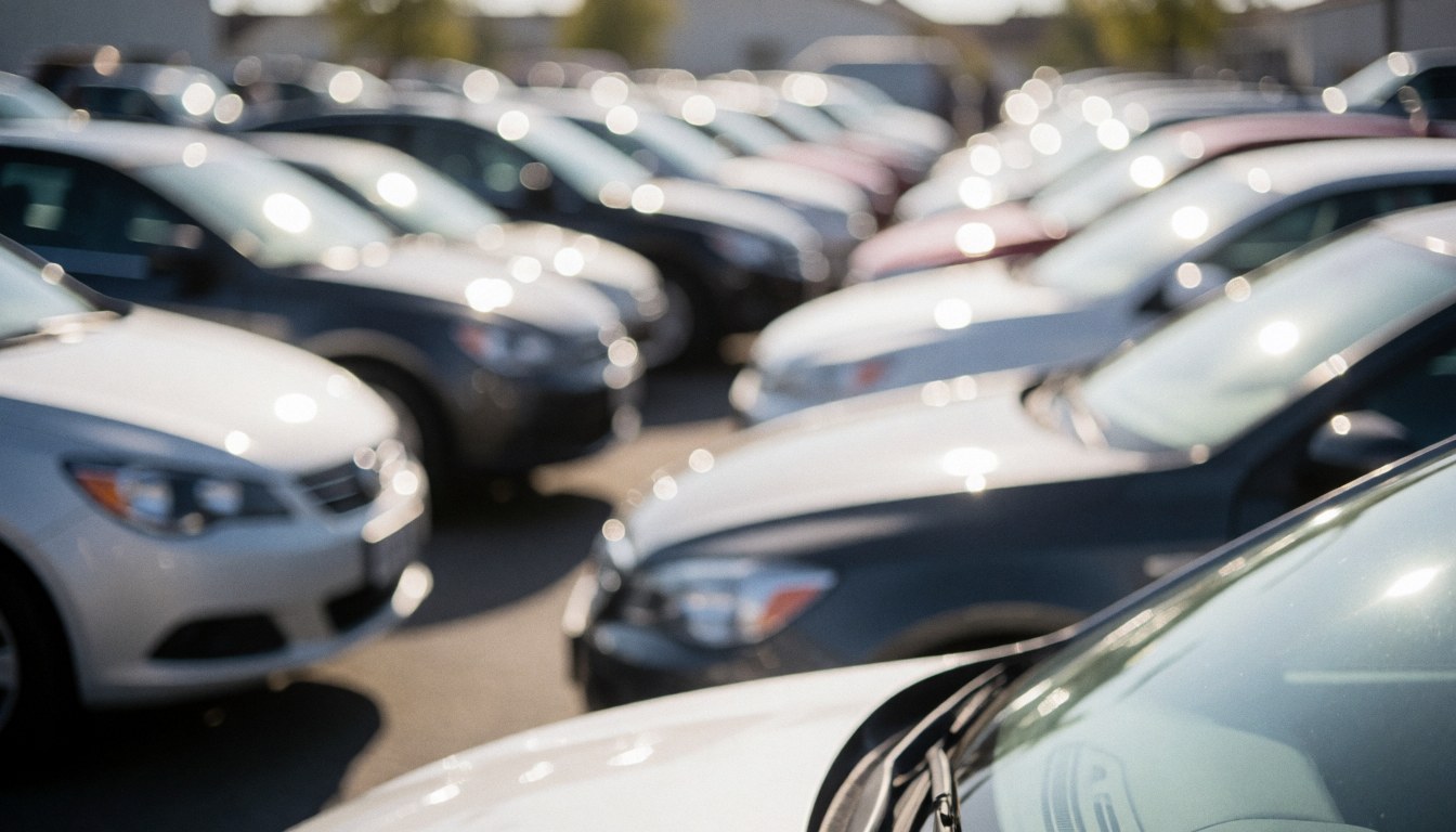 Out-of-focus background of a new car lot with sunlight bokeh, ideal for vehicle sales advertising text overlays.