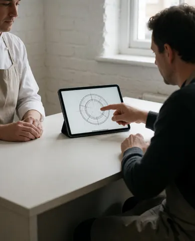 Client and professional review a textile design on a tablet during a consultation.