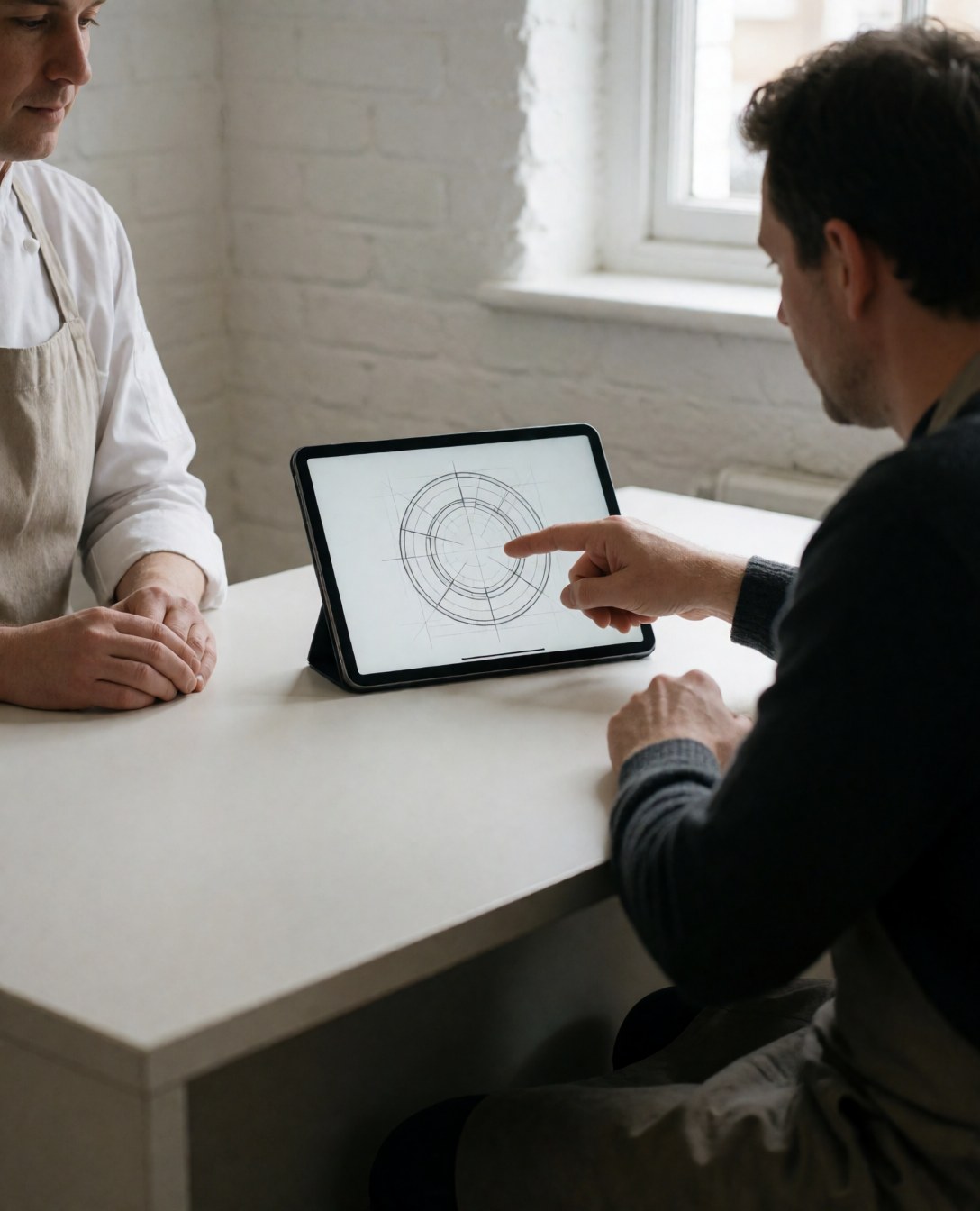 Client and professional review a textile design on a tablet during a consultation.