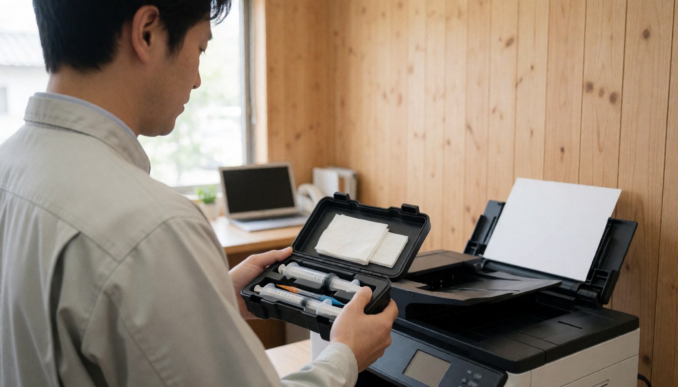 Printer repair technician using a cleaning kit to service a multifunction printer in a professional setting