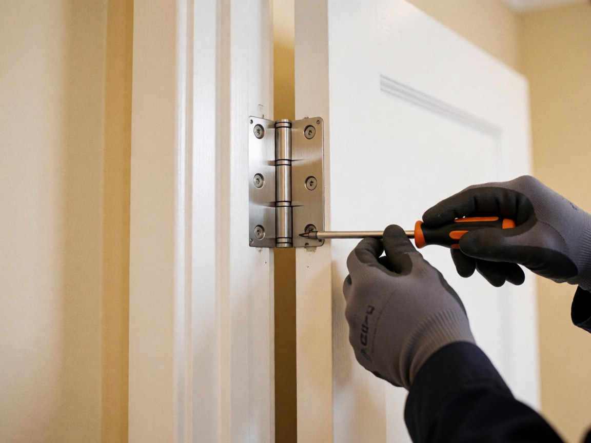 Close-up of a gloved hand using a tool to adjust a metal hinge on a white door during installation