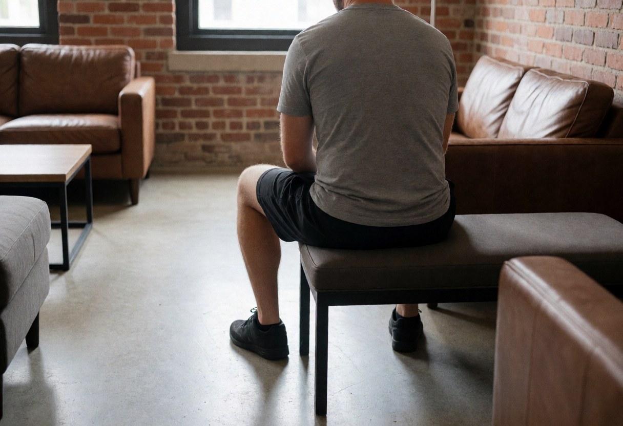 A person seated on a bench in a waiting area featuring exposed brick walls and leather furniture, suitable for a boxing gym interior.