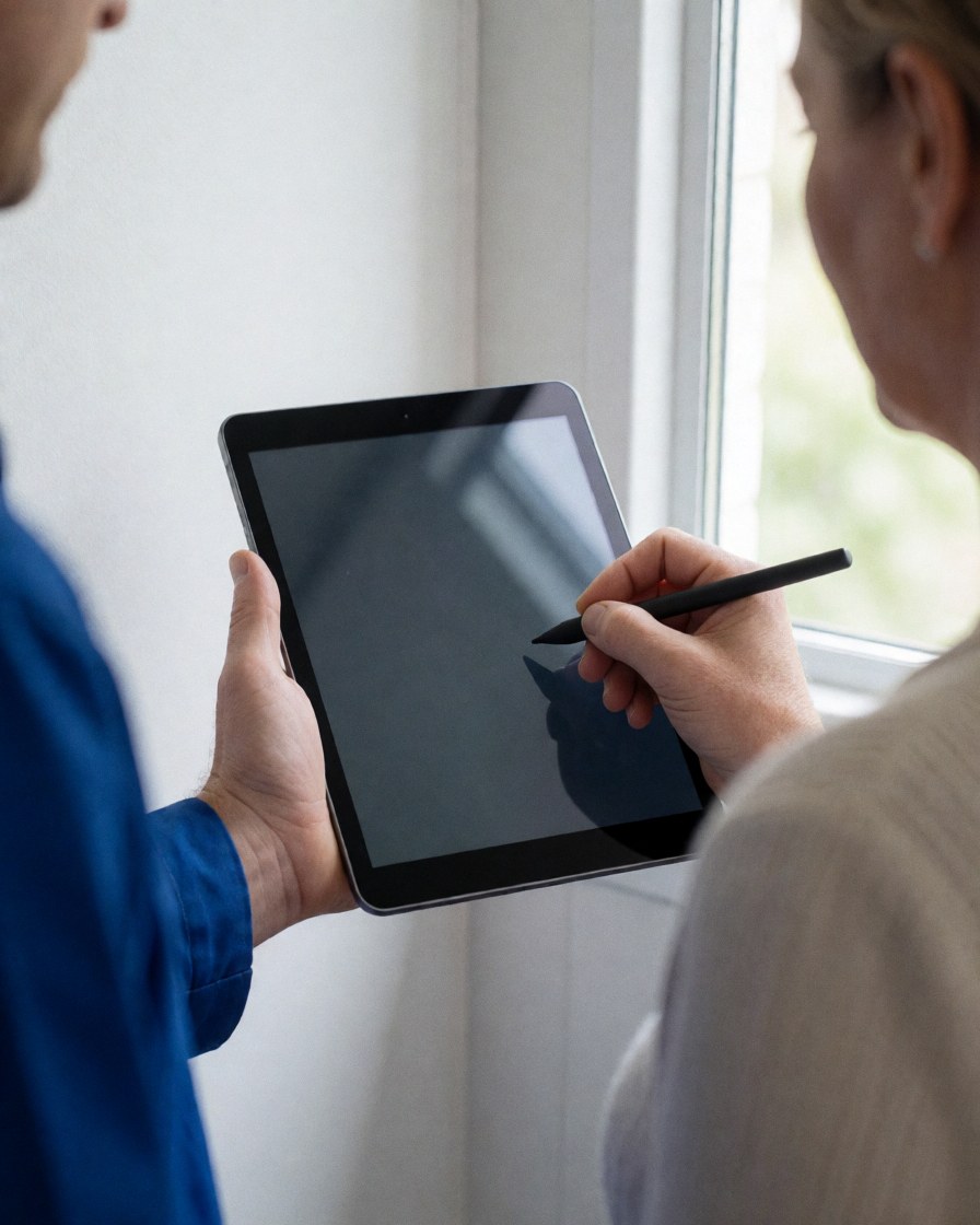 A satisfied client signs a digital tablet held by a technician in a blue uniform inside a naturally lit elevator.
